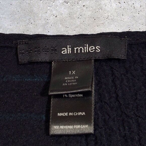 Ali Miles Tunic Black Blue Stripe Colorblock Roll Tab Size 1X Asymmetrical Hem - Picture 6 of 11